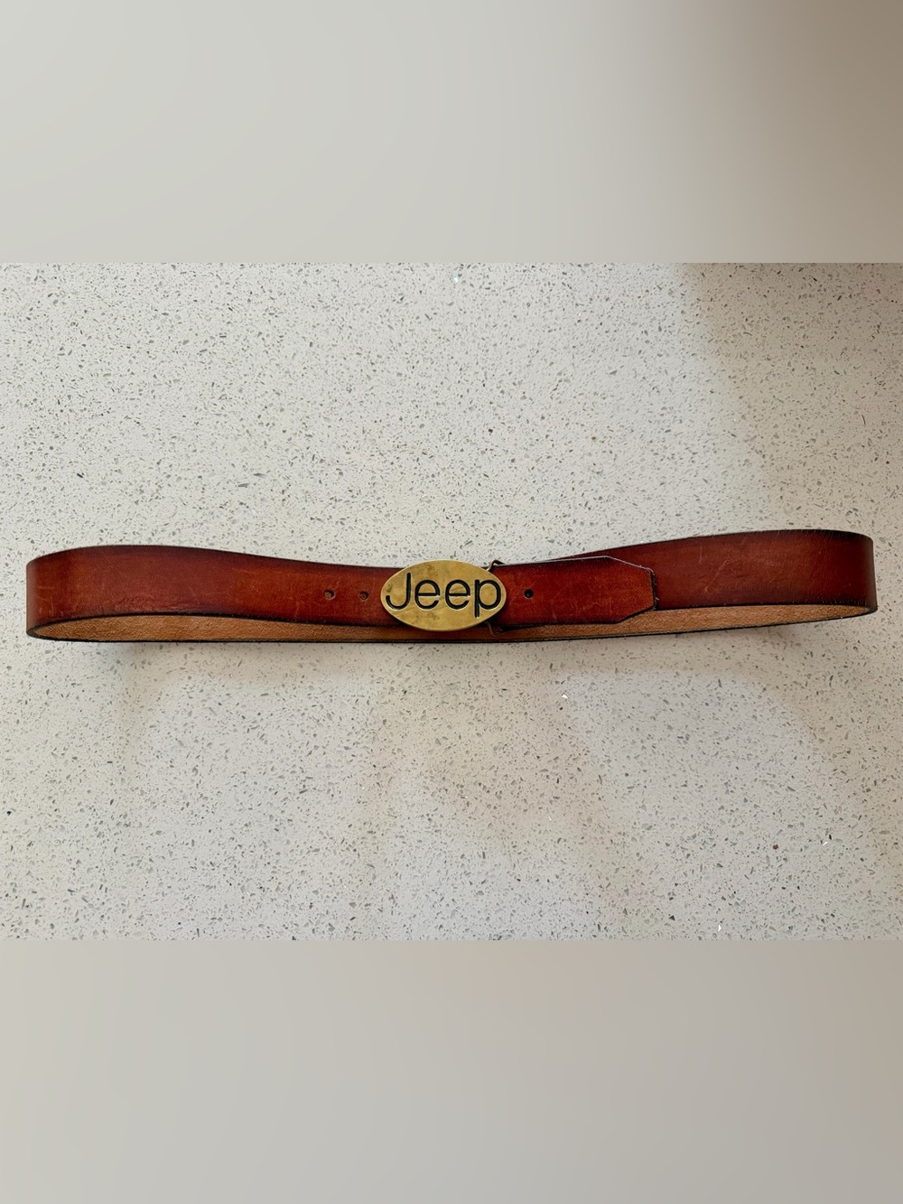 Jeep Brown Leather Belt with Oval Brass Logo Buckle